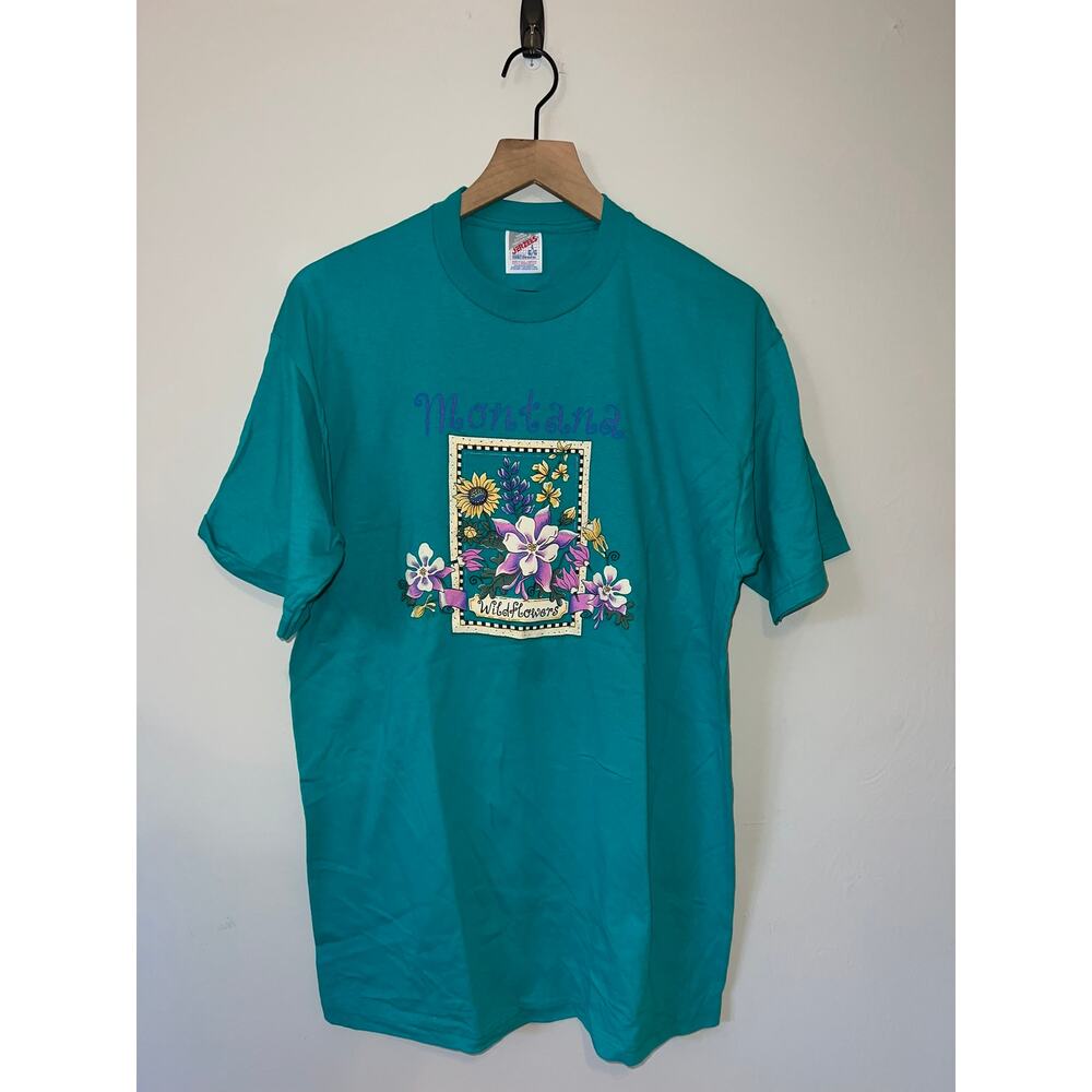 90s Vintage Montana Wildflowers Teal Flower Graphic Shirt Large L